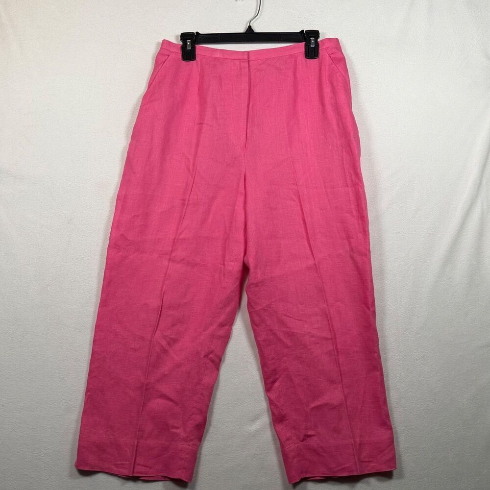 Laura Ashley Pink 100% Linen Cropped Pants Women Size 14 Elastic Back Wide Leg